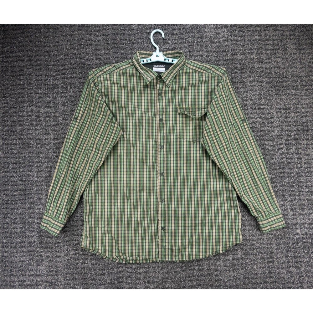 Columbia Shirt Mens XL Green Plaid Long Sleeve Vented Omni Wick Roll Tab Outdoor